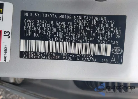 2012 Toyota Corolla Le из США, поврежденный, VIN 2T1BU4EE6CC918113